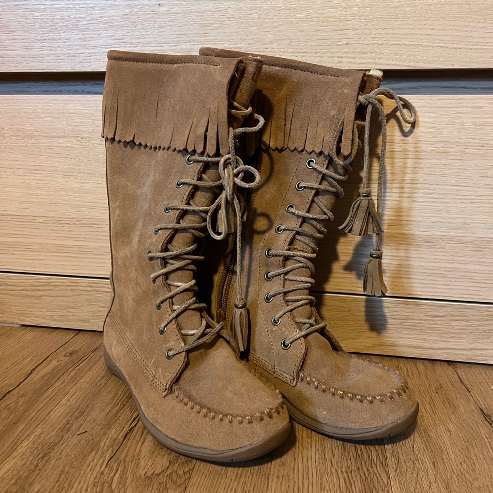 L.L. Bean Tan Leather Lace-Up Fringe Boots